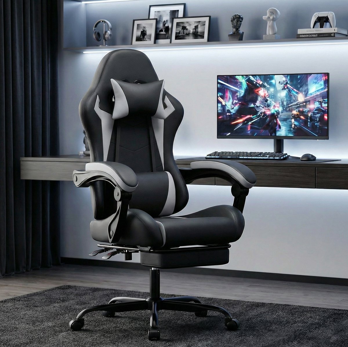 MODFU Gamingstoel-Ergonomisch-Verstelbare Zithoogte-Hoofdsteun-Lendensteun-Zwart Wit
