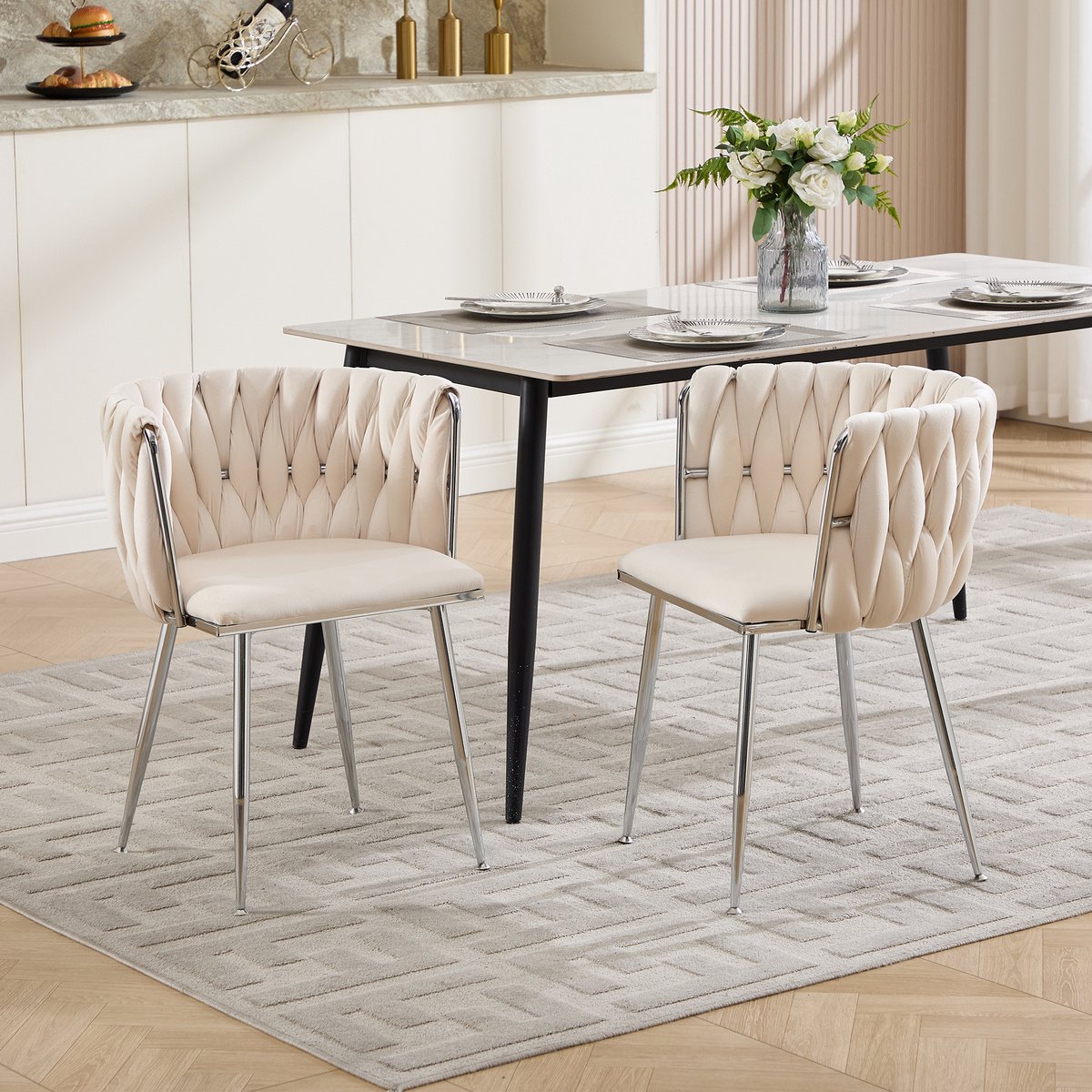 STILVORA Eetkamerstoel – Kuipstoel – Set Van 2 – Comfortabel Met Armleuning En Geweven Design – Voor Eetkamer – Velvet Ivory