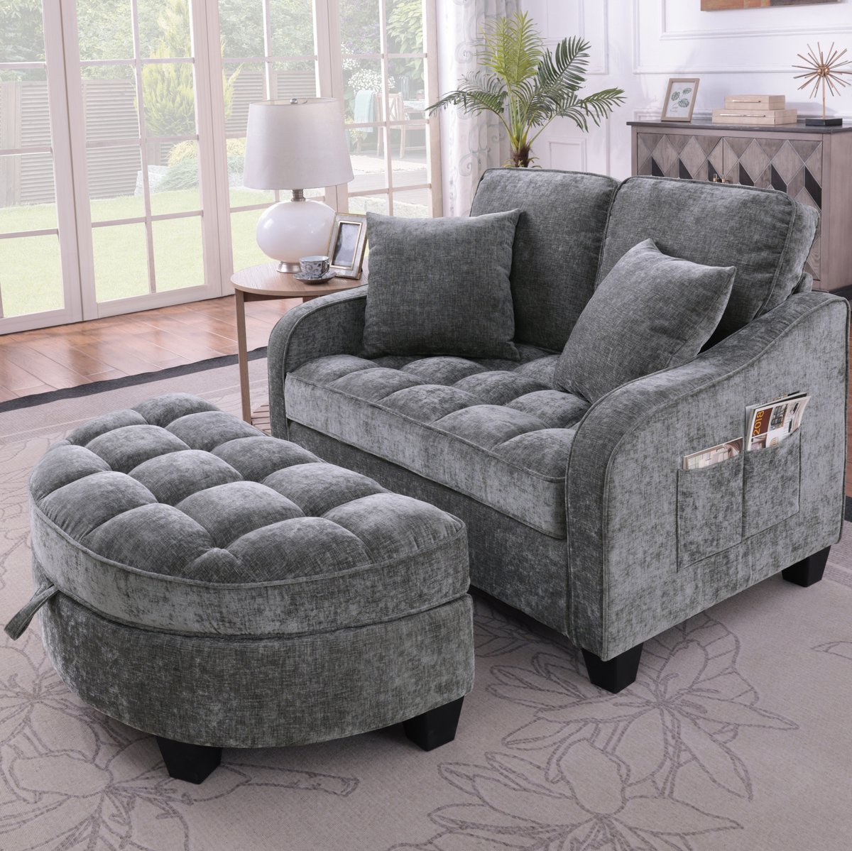 MEUNIQ Slaapbank 2-in-1 108,5 x 129,5 x 93 cm met opberghocker, stoffen bekleding, donkergrijs, voor woonkamer, werkkamer of slaapkamer