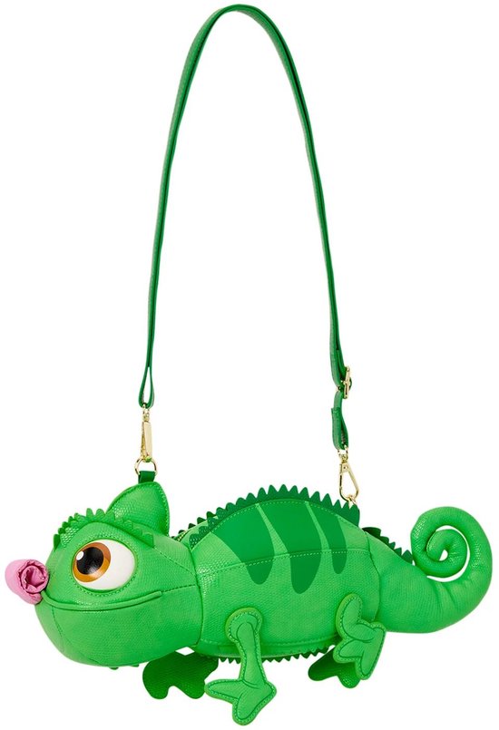Groene figuurlijke tas van Pascal de kameleon, van links gezien, met roze neus.