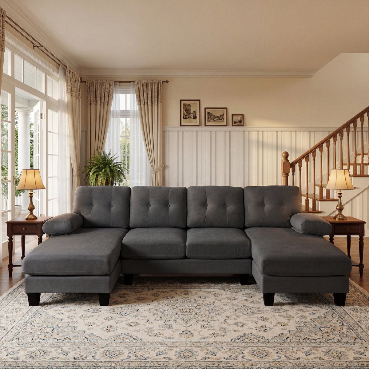 COVREO U-bank 268x128x84 cm grijs, chenille met slaapfunctie en opbergvakken