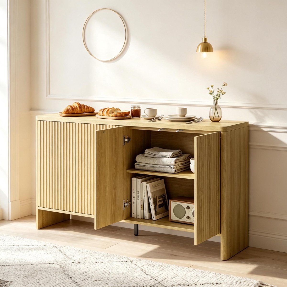 OKWISH Dressoir – Eiken Look Met Geribbelde Deuren – 4 Deuren Voor Woonkamer, Eetkamer Of Hal – MDF – 147 Cm Breed