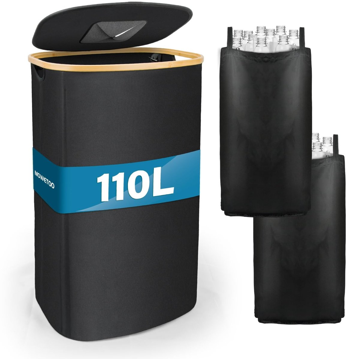 Statiegeld Prullenbak 110L – Flessenopslag Recyclingbak met Deksel en 2 Uitneembare Binnenzakken – Opvouwbare Opbergmand voor Plastic Flessen, Blikjes en Glas – Waterdicht Oxford – Zwart