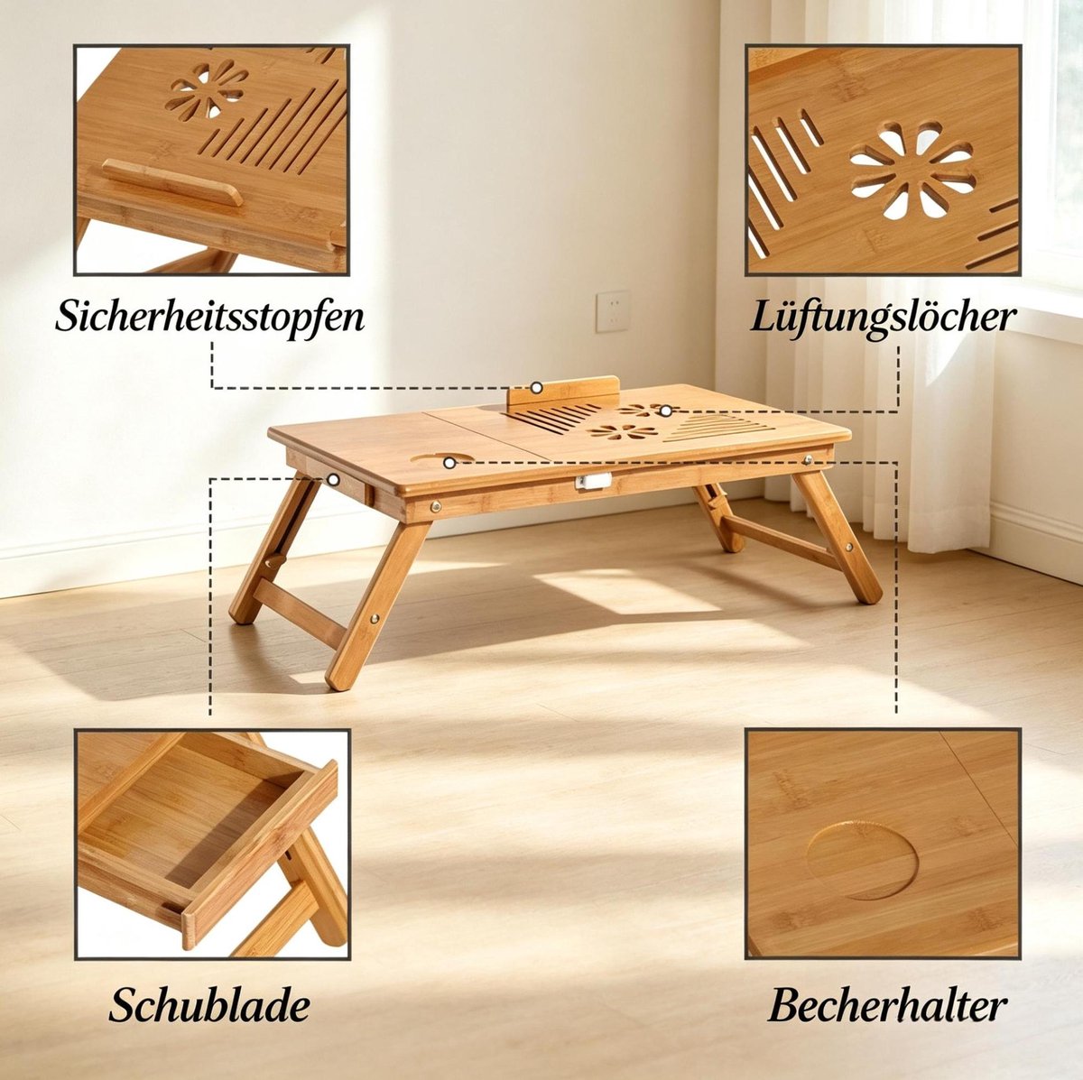 OKWISH Bedtafel - Opklapbaar En Hoogte Verstelbaar - Laptoptafel Voor Bed En Bank - Bamboe Naturel - 55 X 35 X 22-32,5 Cm