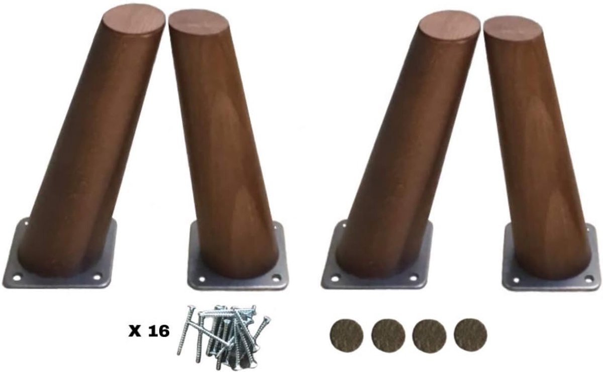 Houten meubelpoten 15 cm - Conisch afgeschuinde poten - Met bevestigingsplaten - Perfect voor banken en tafels - ShopVlot