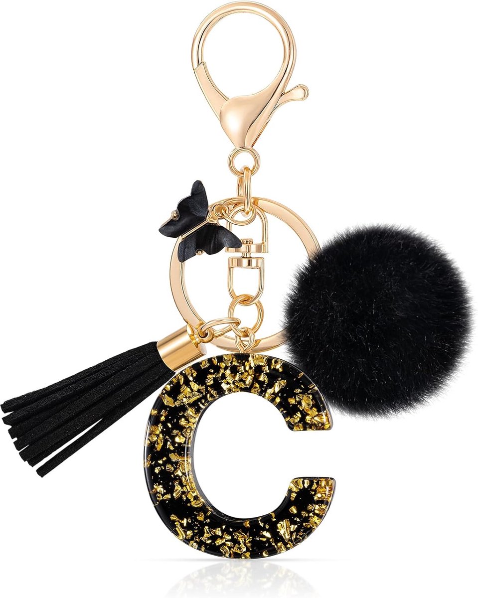 Letter Keychains Sleutelhanger met initialen, kunsthars, pluche vlinder, kwastje, zwart, modieus, alfabet, sleutelhanger, hanger voor vrouwen, portemonnee, bagage, tassen (C)