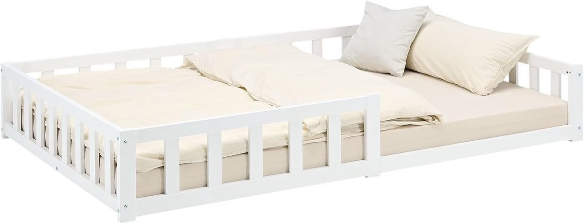 Montessori Vloerbed 120x200 wit - kinderbed met matras | Massief houten bed inclusief lattenbodem, veilige valbescherming voor peuters, lage instaphoogte