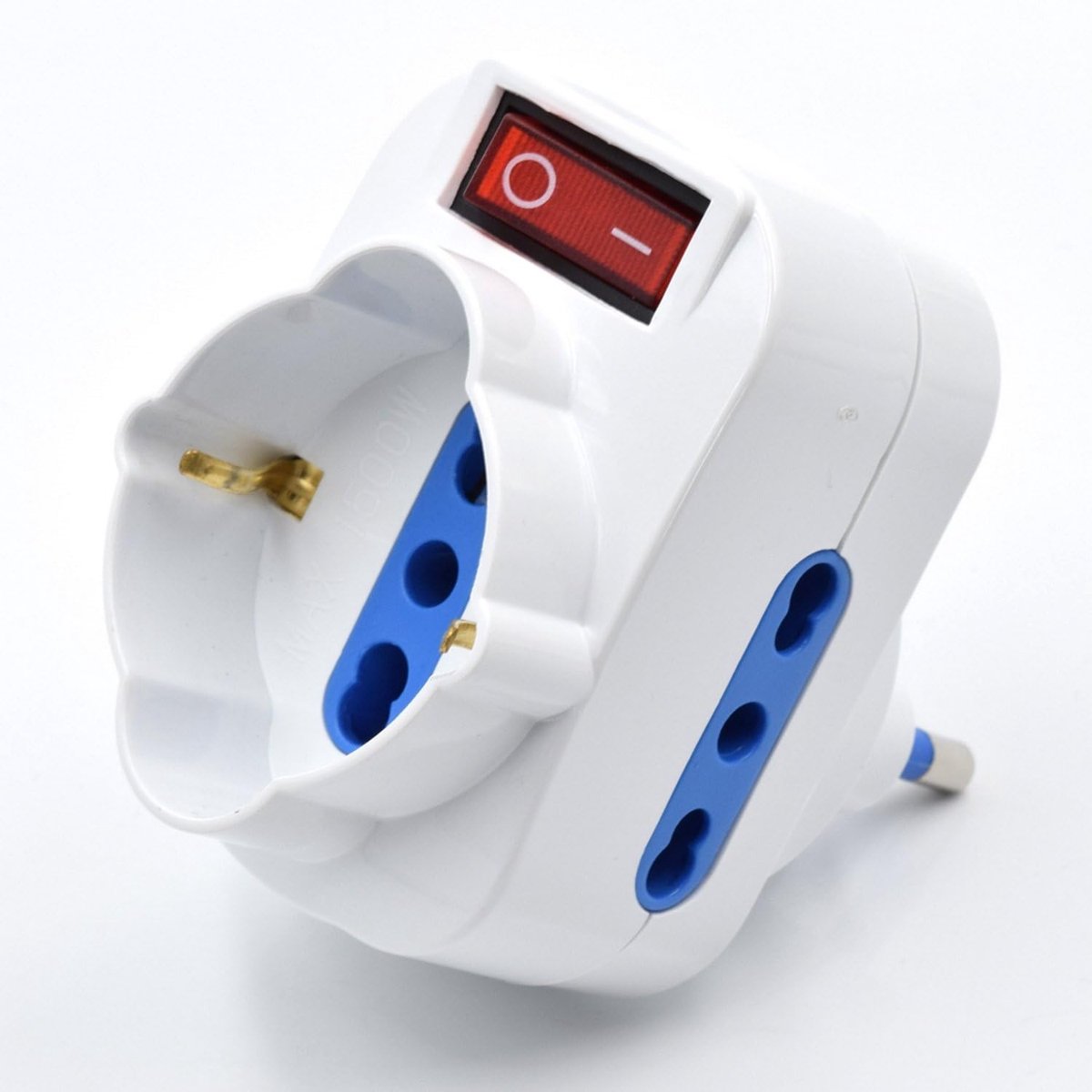 Adapter wit, 2 Italiaanse stopcontacten 10/16 A en 1 geaarde stopcontact 10/16 A, draaibare stekker 16 A met schakelaar, compact
