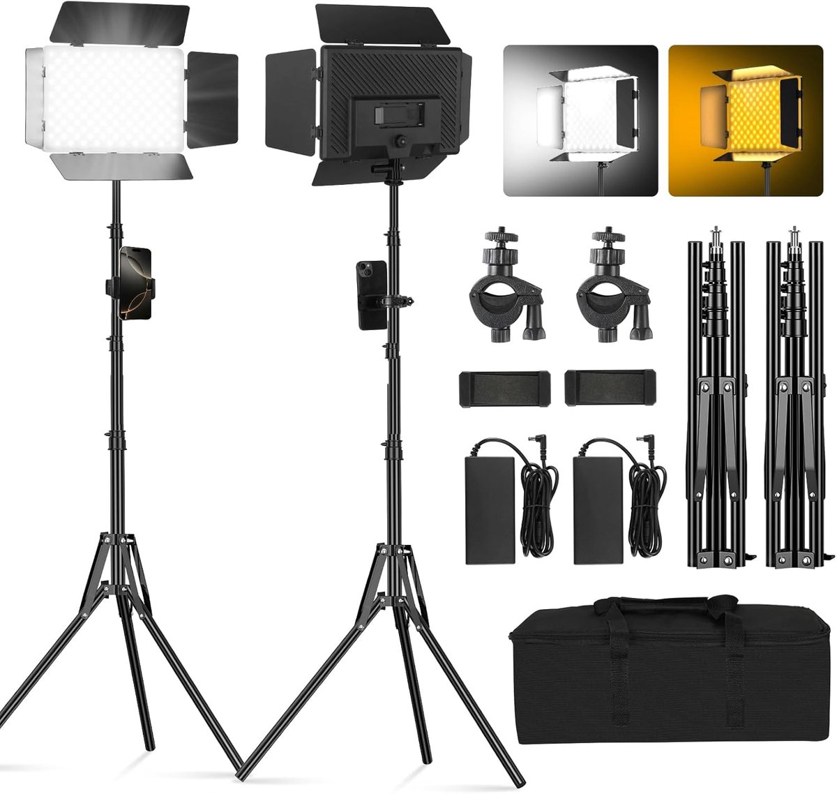 Set van 2 Bi LED Videopaneel Lampen met Klapdeur 2500-6500K Dimbaar 20W Licht Fotografie Studio Verlichting met Statief Standaard en Mobiele Telefoon Houder voor Video YouTube Live Streaming