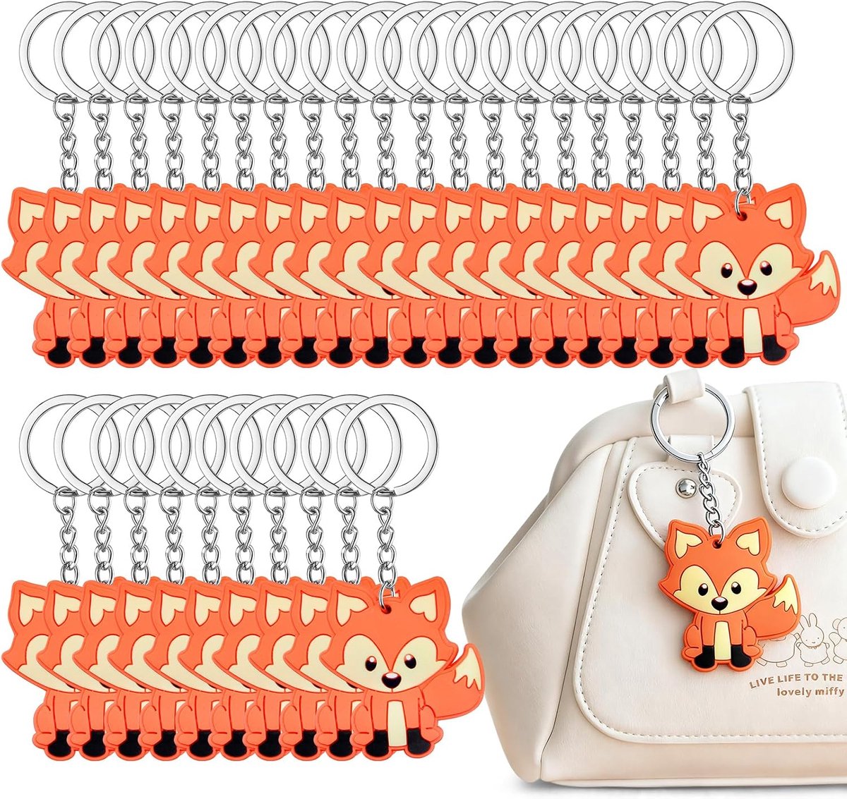 30 stuks sleutelhanger vos PVC metalen ring set | Elastisch materiaal, sterke legering lus, bos dier design, cadeau voor school beloning, rugzak decoratie, verzamelitem