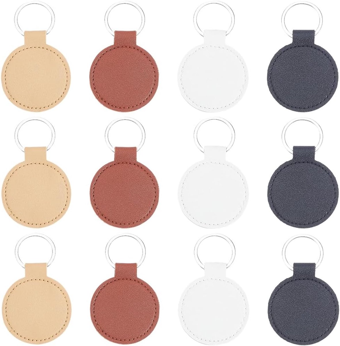 1 Doos 24 Stuks 4 Kleuren Ronde Lederen Sleutelhangers Lederen Sleutelhanger Blanks Bulk PU Wit Platte Zwarte Dubbele Zijband Tags Houder Sleutelhangers Voor Lasergraveren Sleutelhangers Diy