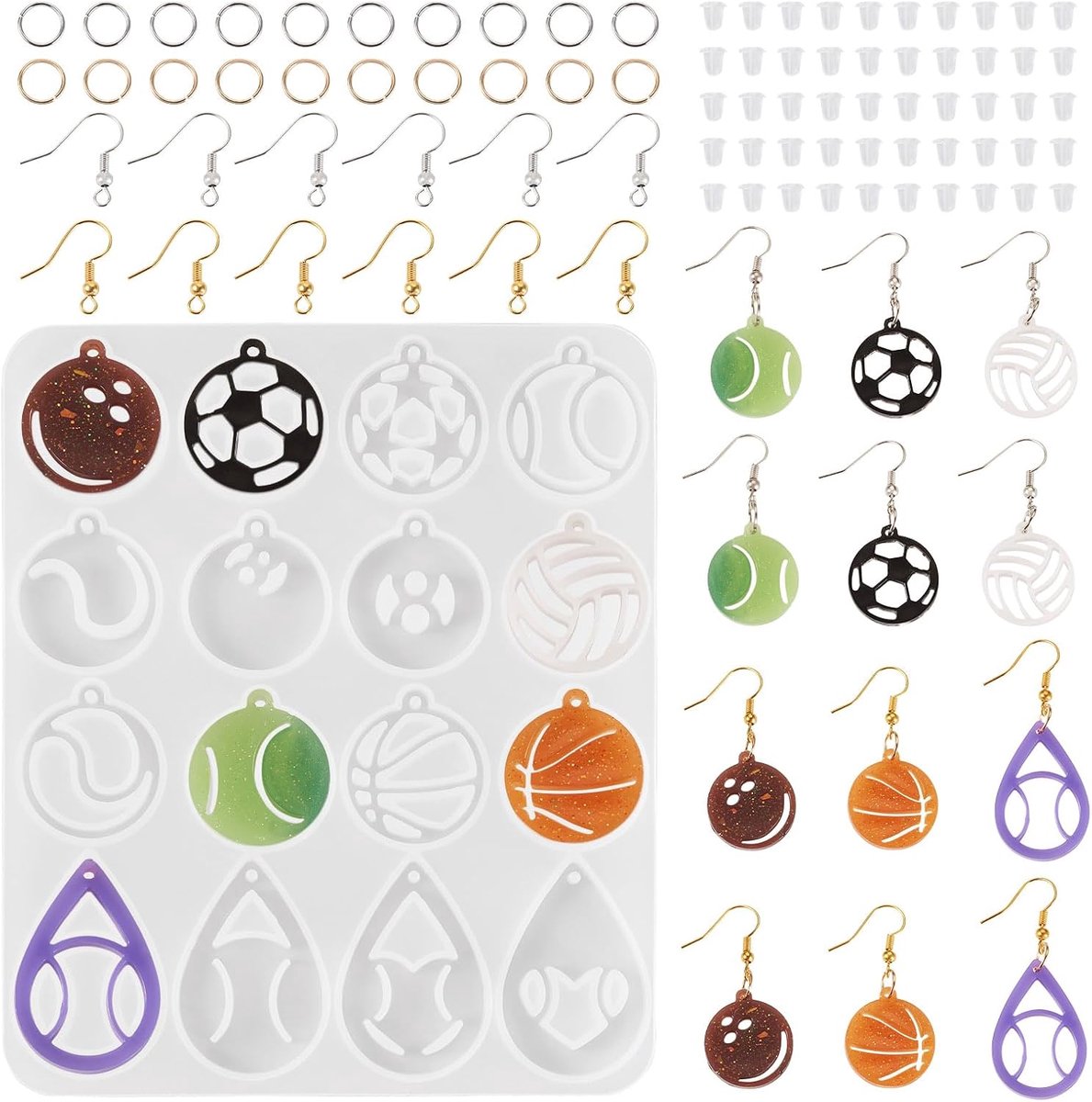1 st Sport Thema Siliconen Hars Mold Voetbal Basketbal UV Hars Mal Met Oorbel Haken & Open Jump Rings & Oor Noten Voor Epoxy Ambachten Sieraden Maken