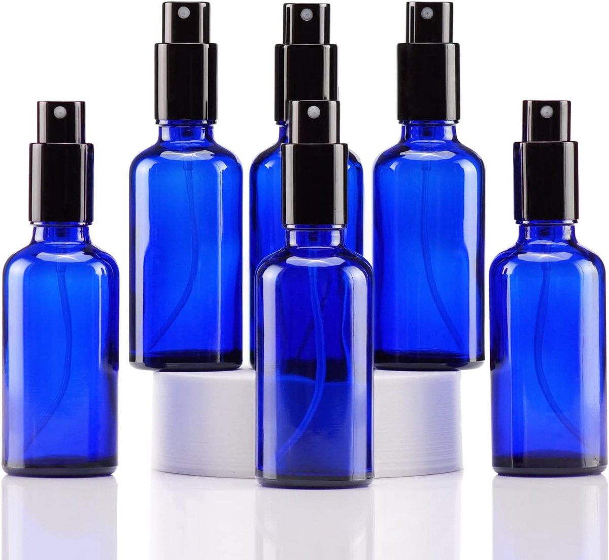 50 ml blaue Glas-Sprühflasche, leere feine Sprühflaschen mit Metallkappe für Reinigung, Aromatherapie, Diffusor für ätherische Öle, Massage, Haare, Haustiere, 6 Stück