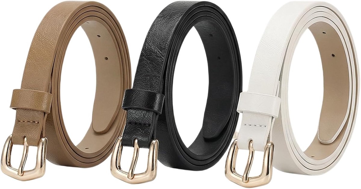 Riemen voor dames, modieuze damesriem, smalle tailleriem voor dames met metalen gesp voor jeans, broeken, jurken, PU-leer, damesriem leer (zwart, wit, bruin)