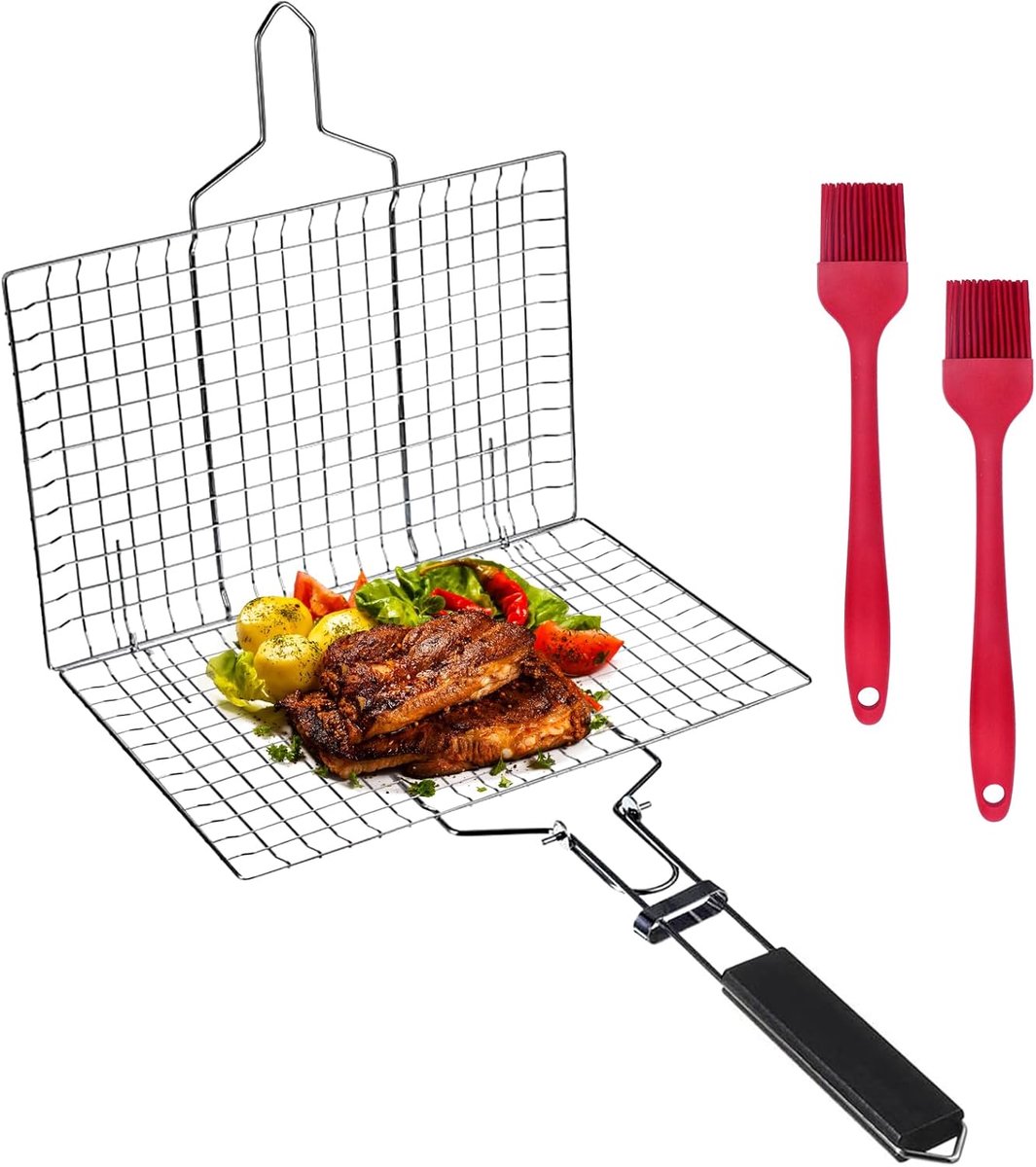 Visbrader, vis-grillmand, roestvrij staal, barbecue, grillschaal, opvouwbaar, draagbaar, roestvrije accessoires, manden om te grillen