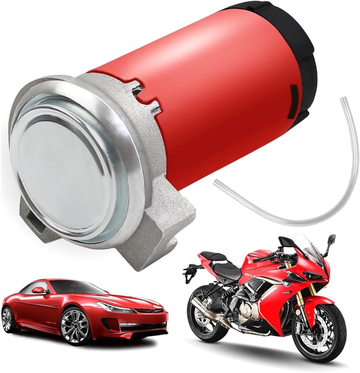 12V 150dB luchtcompressor, automotor claxon, luchtpomp, mini luchtpompset voor universele luchthoorn, verchroomd rood met koperdraad voor auto, vrachtwagen, boten, motorfietsen