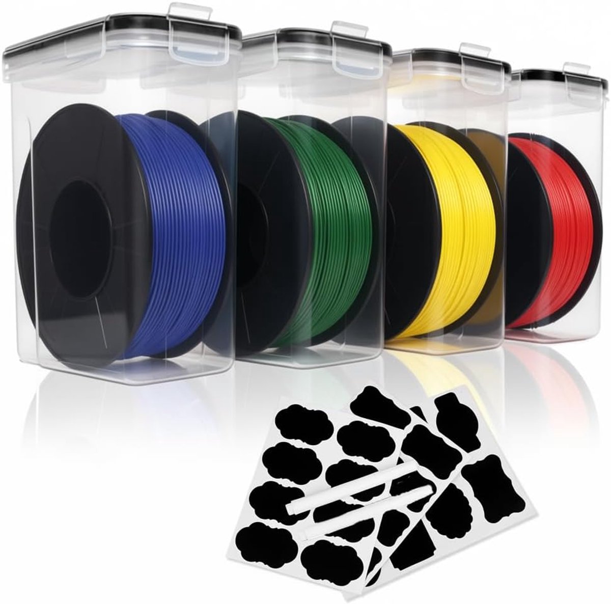4 stuks filament-opbergdoos voor 3D-printfilament, verzegeling en bescherming | Draagbare luchtdichte filamentdoos met etiketten en markeerstift, water- en stofdicht, compatibel met PLA/ABS/PETG/TPU