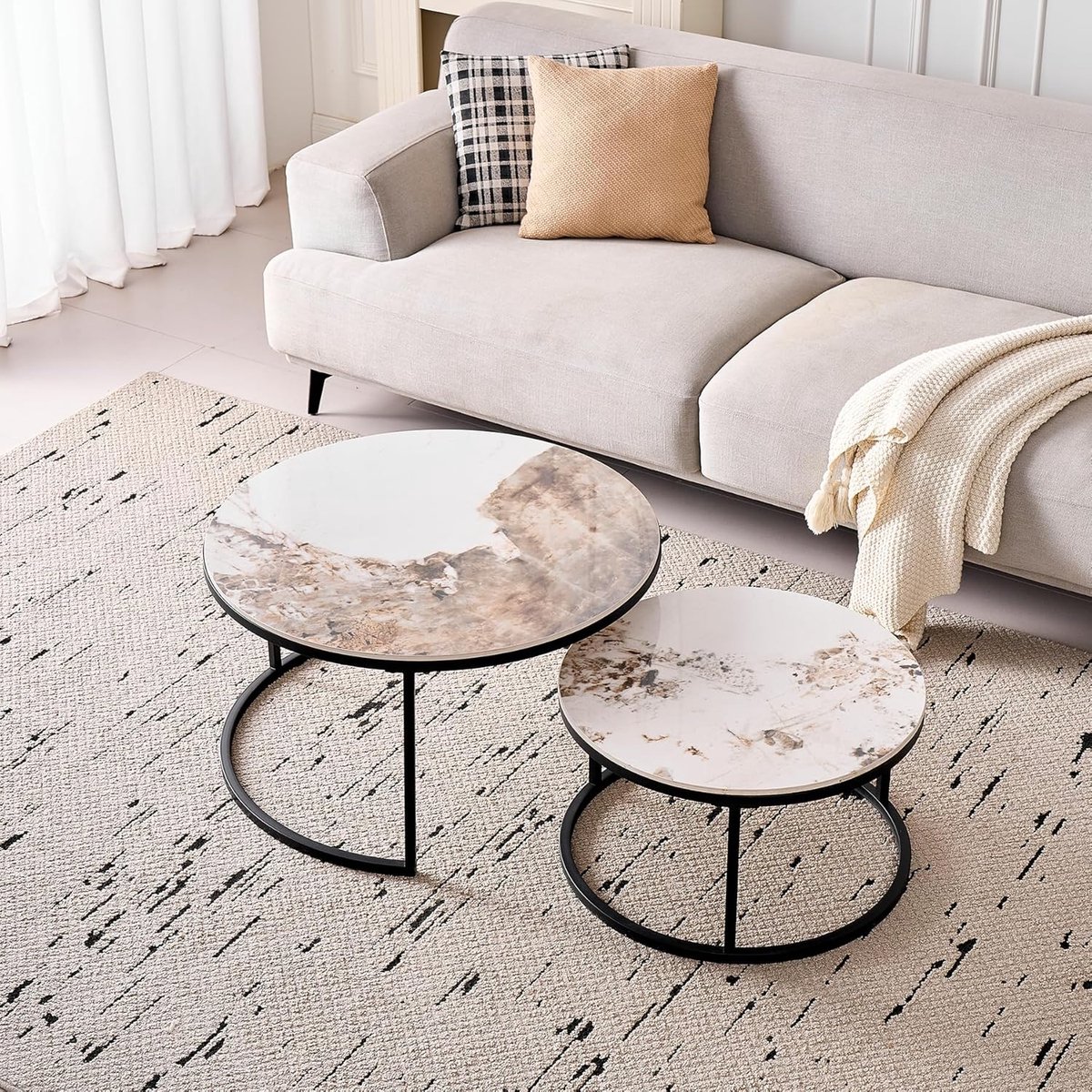 Set van 2 uittrekbare salontafels met tafelblad van keramiek, steen, ronde salontafel, geschikt voor woonkamer, slaapkamer, kantoor en balkon (Pandora/zwart), 80 x 80 x 45 cm + 60 x 60 x 35 cm