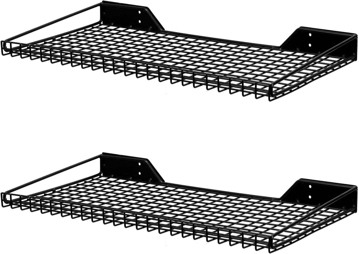 Garage wandplank, set van 2 stuks, 59,9 x 30 cm, wandmontage, zware metalen planken, mesh-opbergrek voor garage, kantoor, kelder en kithcen, max. belasting 29,5 kg (zwart)
