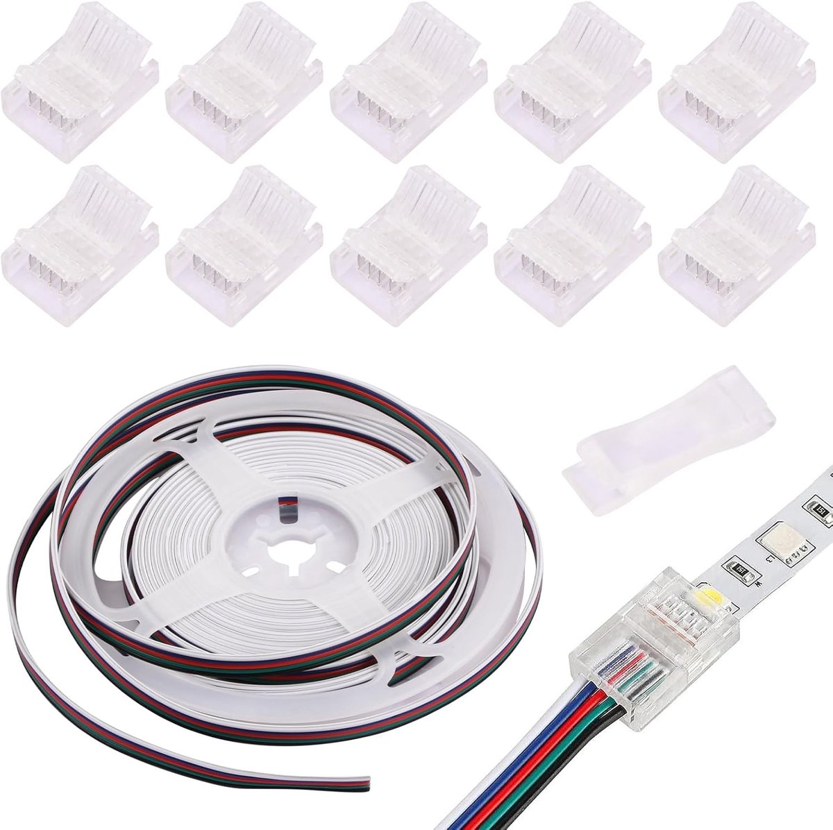 10 m 5-pins ledkabel DC 12 V-24 V + 10 stuks 5-pins 12 mm brede strips voor SMD 5050 RGBW ledstrips