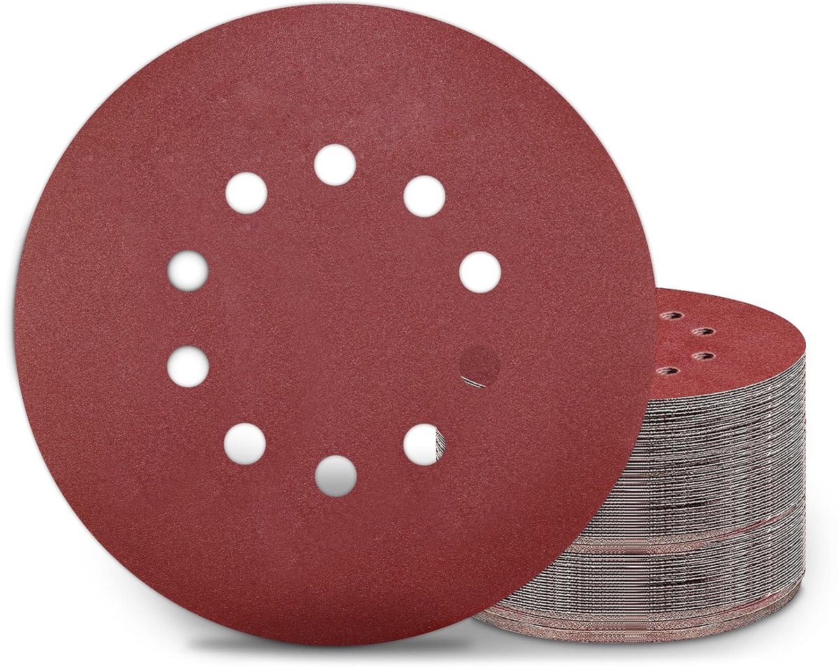 Schuurpapier, 50 stuks, 225 mm, klittenband-schuurschijven, 225 mm, korrel P240, 10 gaten, rood, voor droogbouwschuurders, excentrische schuurmachine, schuurgiraf