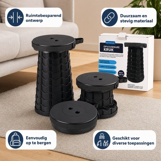 Mannsberger Opvouwbare Kruk - Telescopische Kruk Verstelbaar 6 Tot 45 cm - Draagbaar Krukje - 150 kg - Zwart van mannsberger — afbeelding 4