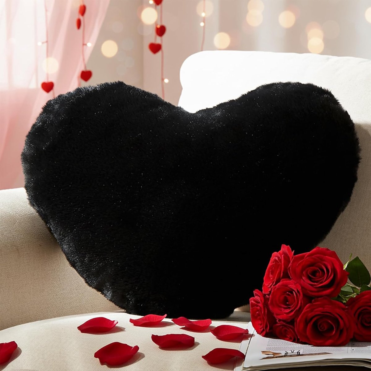 Kussen, Zwart hartvormig kussen knuffelkussen, Liefdes sierkussen Esthetisch, Pluche kussen voor woonkamer bank slaapkamer bed, Cadeau 26x36 cm