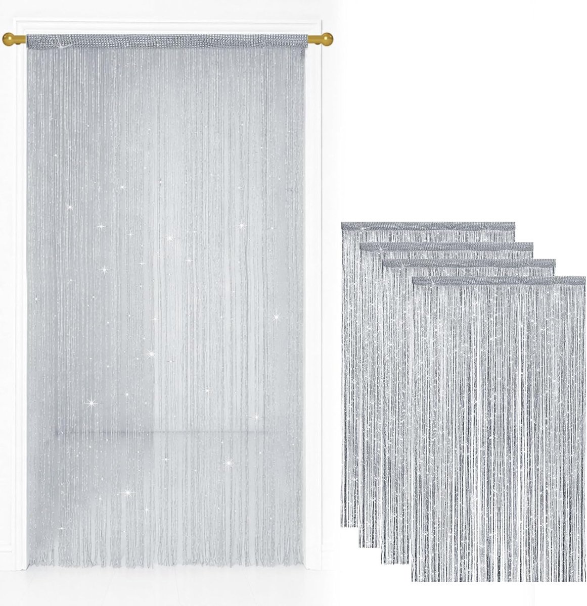 4 stuks draadgordijn deurgordijn, 100 x 200 cm glitter deurgordijn | Glitter Deurgordijn raamdecoratie scheidingswand decoratie parelgordijn geschikt voor bruiloften, cafés, restaurants, deuren