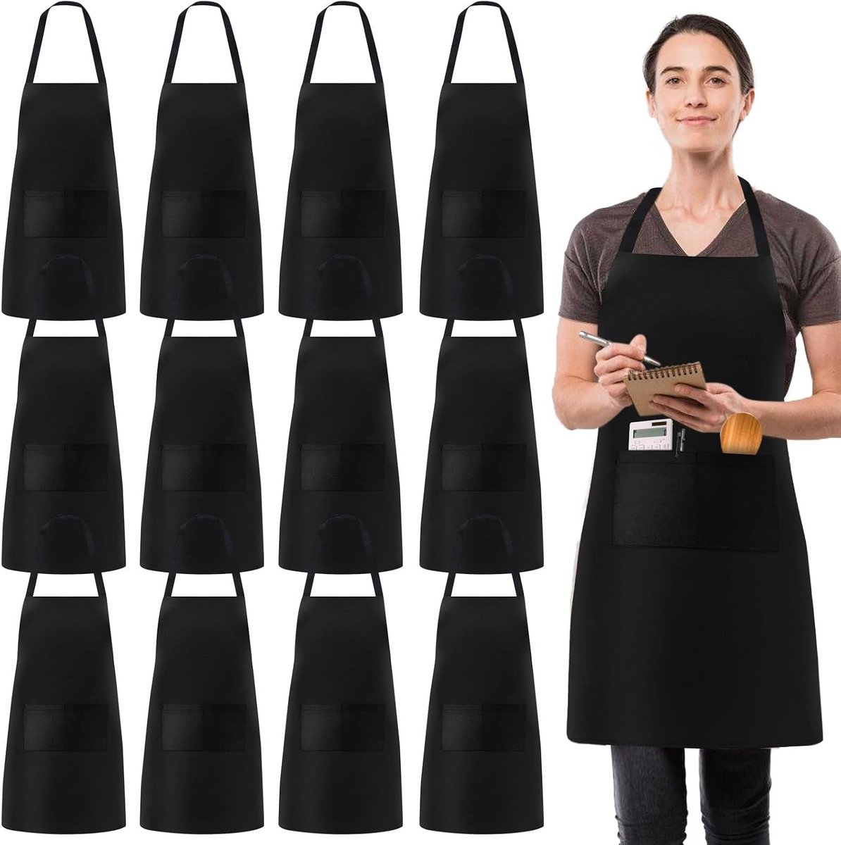 Kookschort voor mannen en vrouwen, 12 stuks verstelbaar slabbetje met 2 zakken, waterdichte kookschorten, uniseks werkschort, keukenschort, kokschort voor keuken, restaurant, café (zwart)