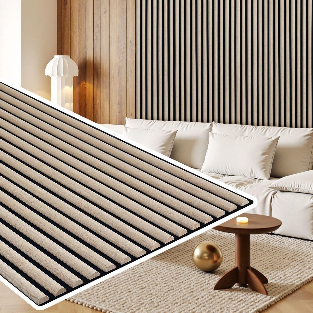 2 x akoestische panelen, 120 x 60 cm, 1,44 m², 3D-halfronde houten lamellen, wandpanelen op MDF en akoestisch vilt, moderne akoestische wandbekleding voor thuis en studio, wit-eiken