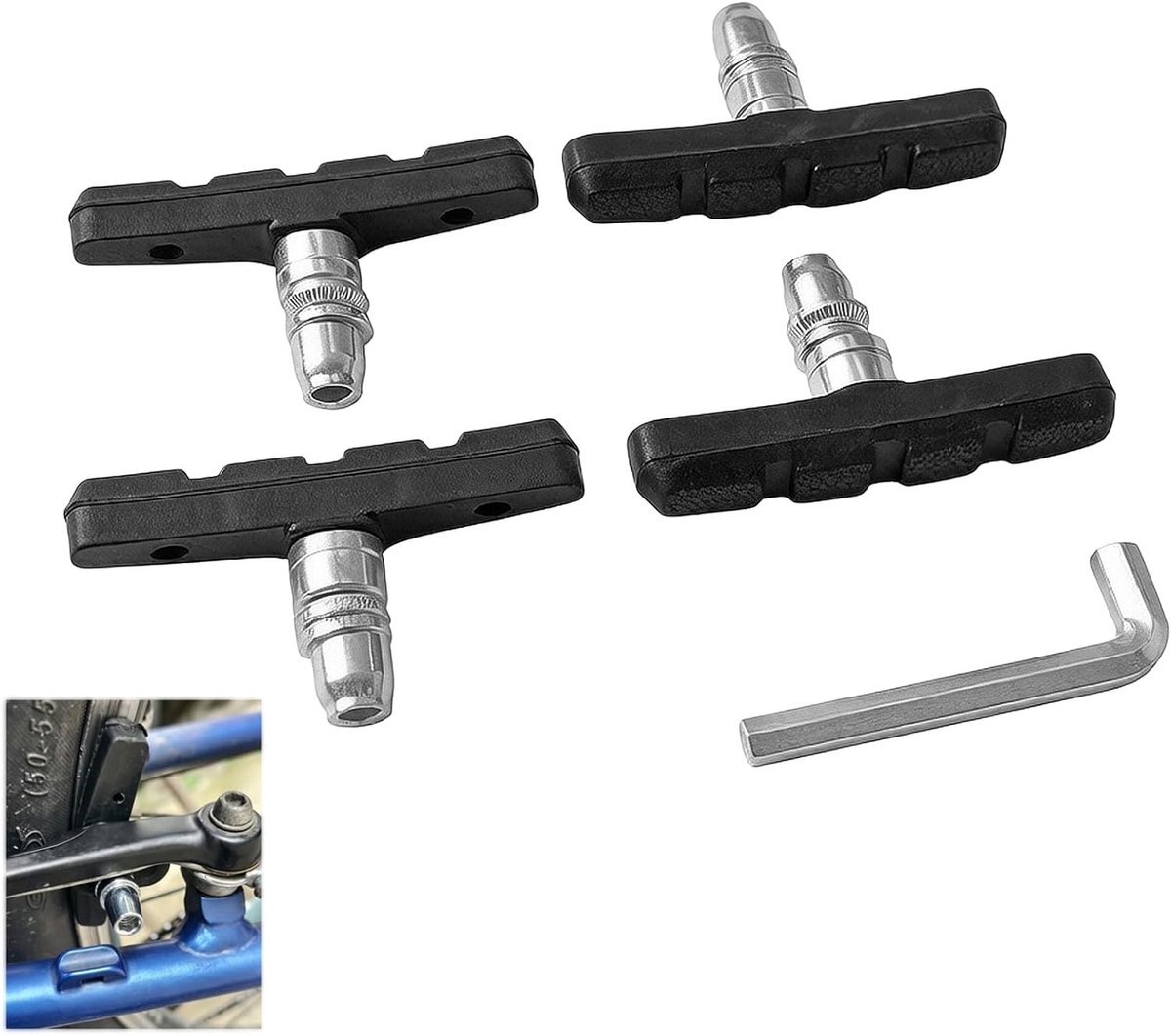 Remschoenen voor fiets, 2 paar (4 stuks), met inbussleutel, 55 mm remblokken voor V-remmen, velgrem, remrubber, compatibel met Shimano Sram Tektro MTB, racefiets, stadsfiets