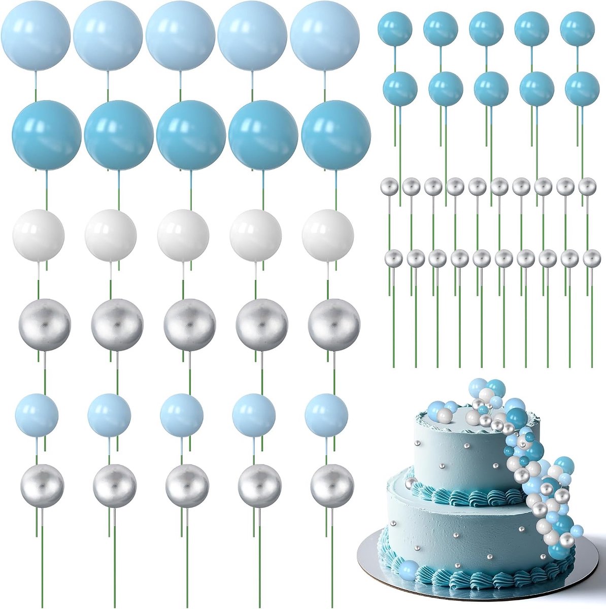 60 stuks taartdecoratieballen, blauw, zilver, wit, cupcake-decoratie, taartpops, verjaardagstaart, herbruikbaar en geschikt voor levensmiddelen