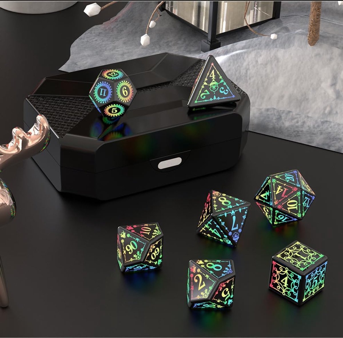 7 stuks DND dobbelstenen oplaadbaar met oplaaddoos, LED elektronische dobbelstenen, Dungeons and Dragons polyhedrale sets voor tafelspellen DND MTG Pathfinder rollenspel