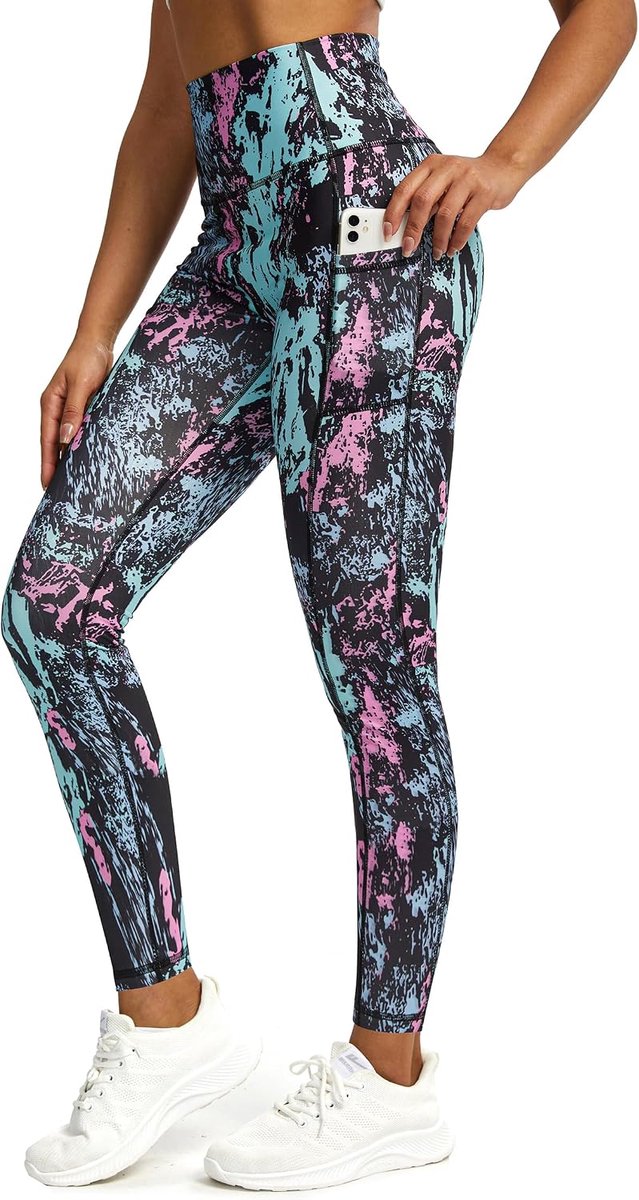 Sportlegging voor dames, lang, ondoorzichtig, bedrukt, fitnessbroek, hardloopbroek met zakken