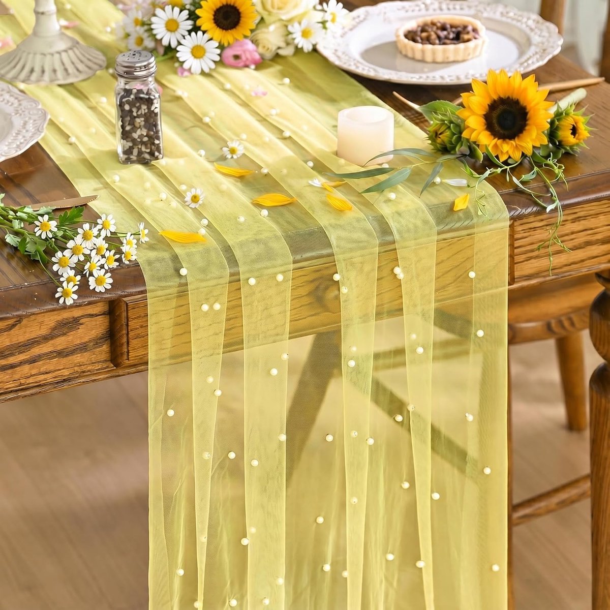 Mode Lichtgeel Gauze Pearl Zomer Tafelloper 70 x 300 cm | Seizoensgebonden pure kaasdoek dineren vakantie verjaardag bruiloft tafel decor voor thuisfeest
