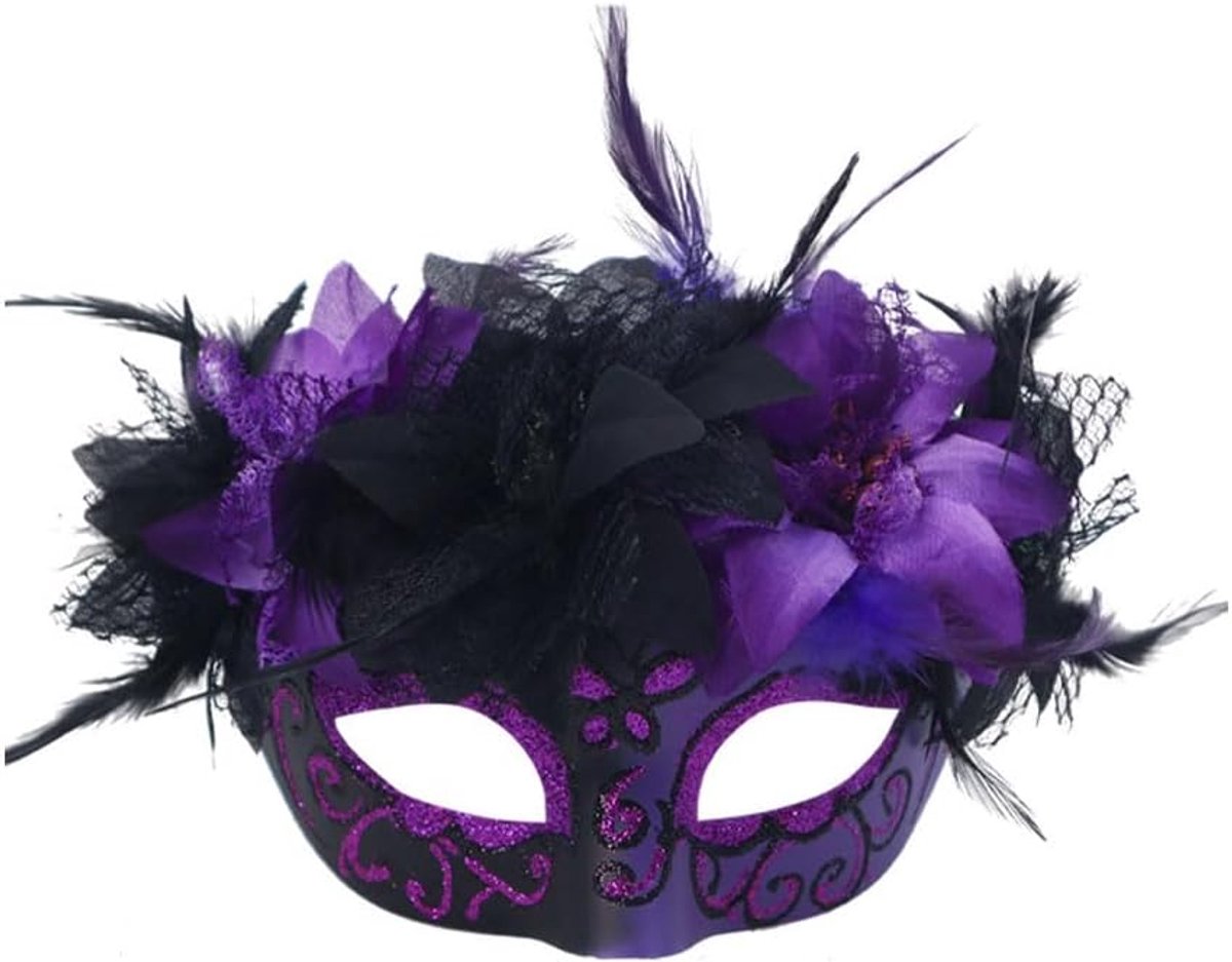 Venetiaans masker voor mannen en vrouwen - kunstmatige bloemen en veren - glanzend en elegant - SnelShoppen