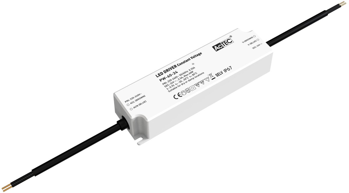 Deco LED-driver voor ledstrips, 24V constante spanning, 60W, waterdicht en niet dimbaar.