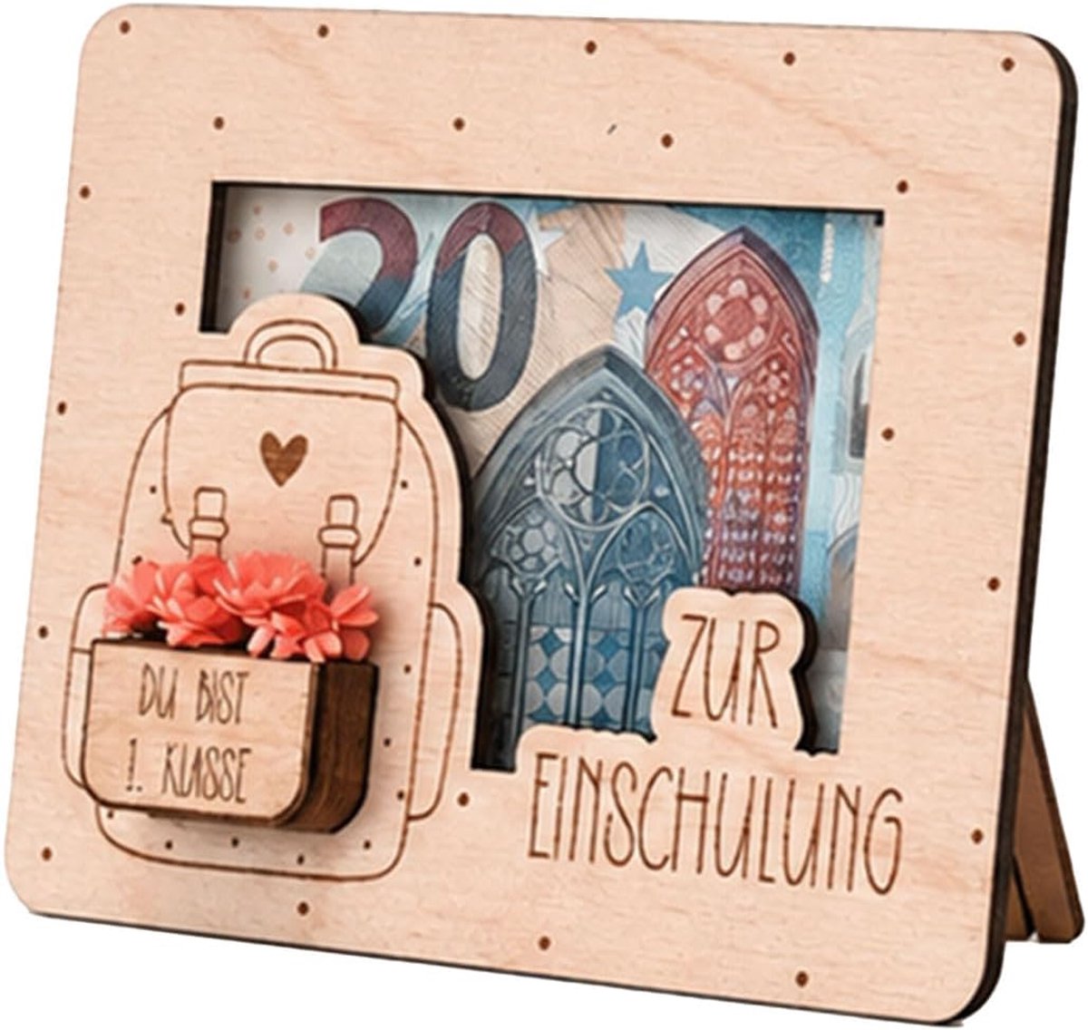 Houten geldgeschenk frame - met droogbloemen - voor de eerste schooldag - uniek alternatief voor de schooltrommel - SnelShoppen