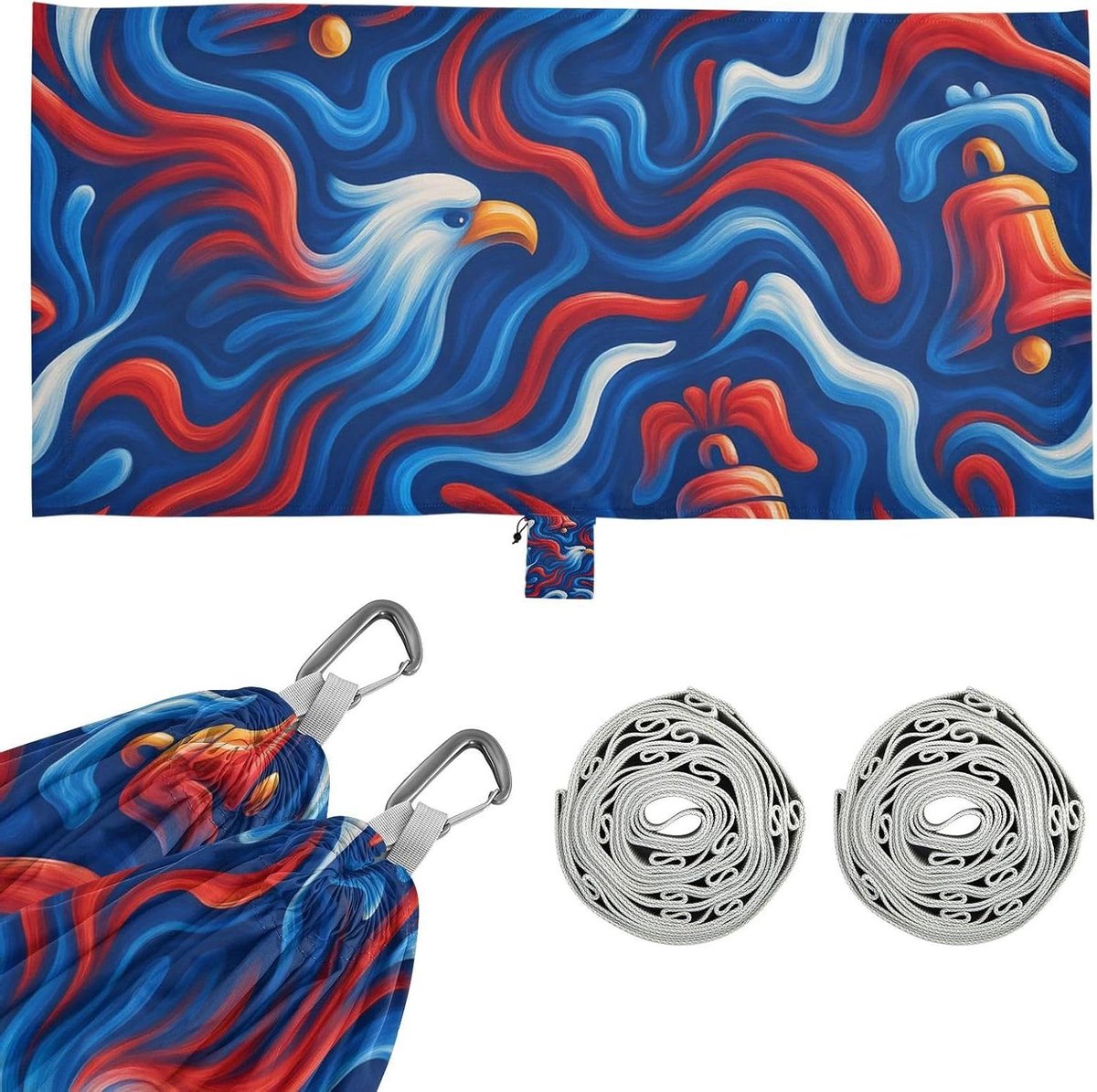 Hangmat Outdoor - Kampeerhangmat Reishangmat - Ontspannen Buiten - Met Opbergvakje - 290x138 cm - 4th of July Symbolen