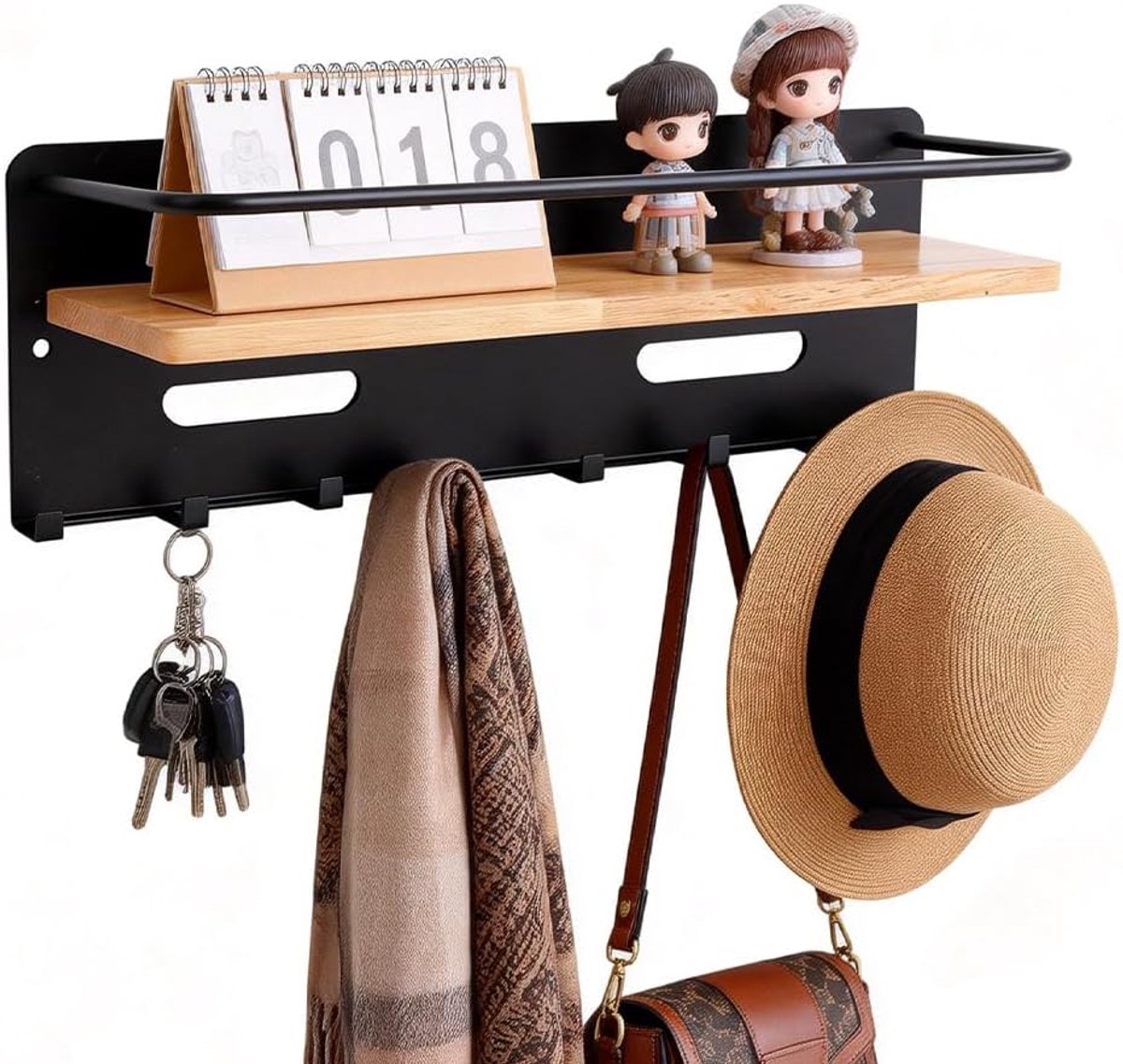Houten Sleutelrek met Plank - Zwart - 8 Sleutelhaken - Organiseer je spullen - ShopVlot