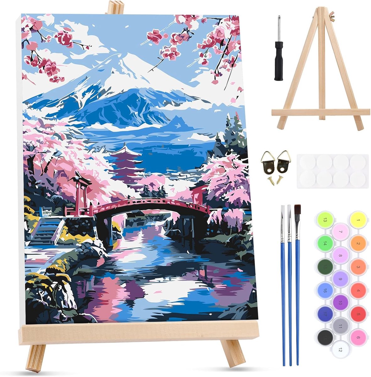 Schilderen op Nummer Kits Volwassenen 20x30cm - Houten Lijst en Easel - DIY Olieverf met Kersenbloesems - ShopVlot