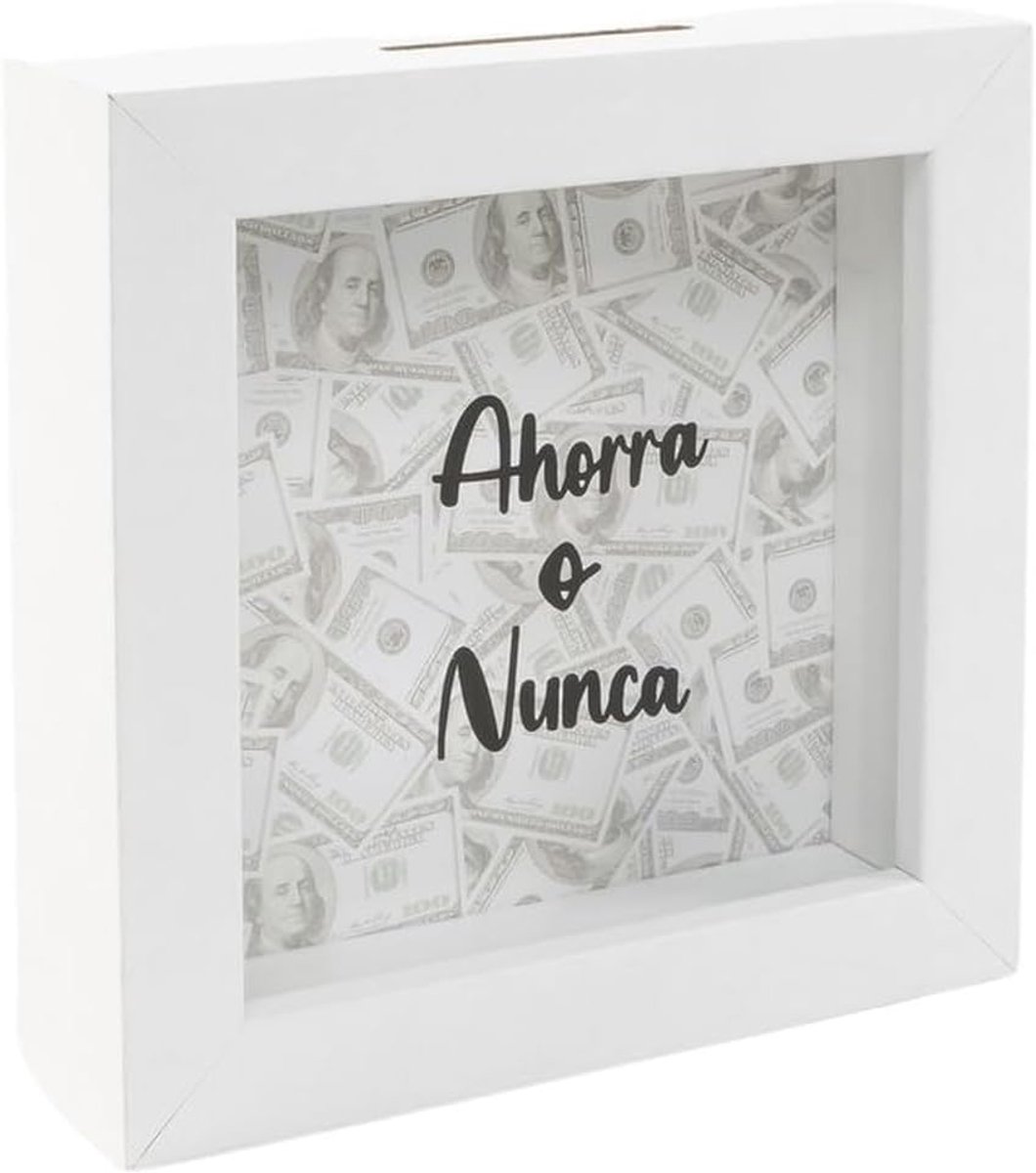 Spaarpot 15 x 15 x 5 cm - Hout en glas - Witte lak - Grappige boodschap - ShopVlot
