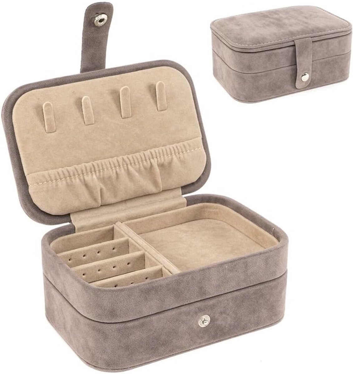 Sieradenbox 2 Laags - Taupe Velvet - Met Oorbelgaten - Perfect voor Thuis en Op Reis - ShopVlot