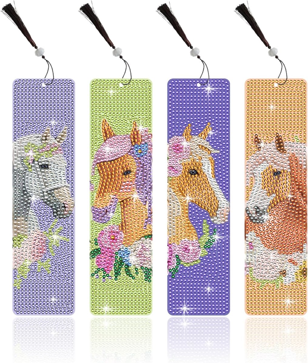 Thijox - 4 Stuks Diamond Painting Bladwijzers Paard, 5D Diamond Painting Boekenleggers, Creatieve Cadeaus voor Lezers, Perfect voor Vakantie, Vrienden