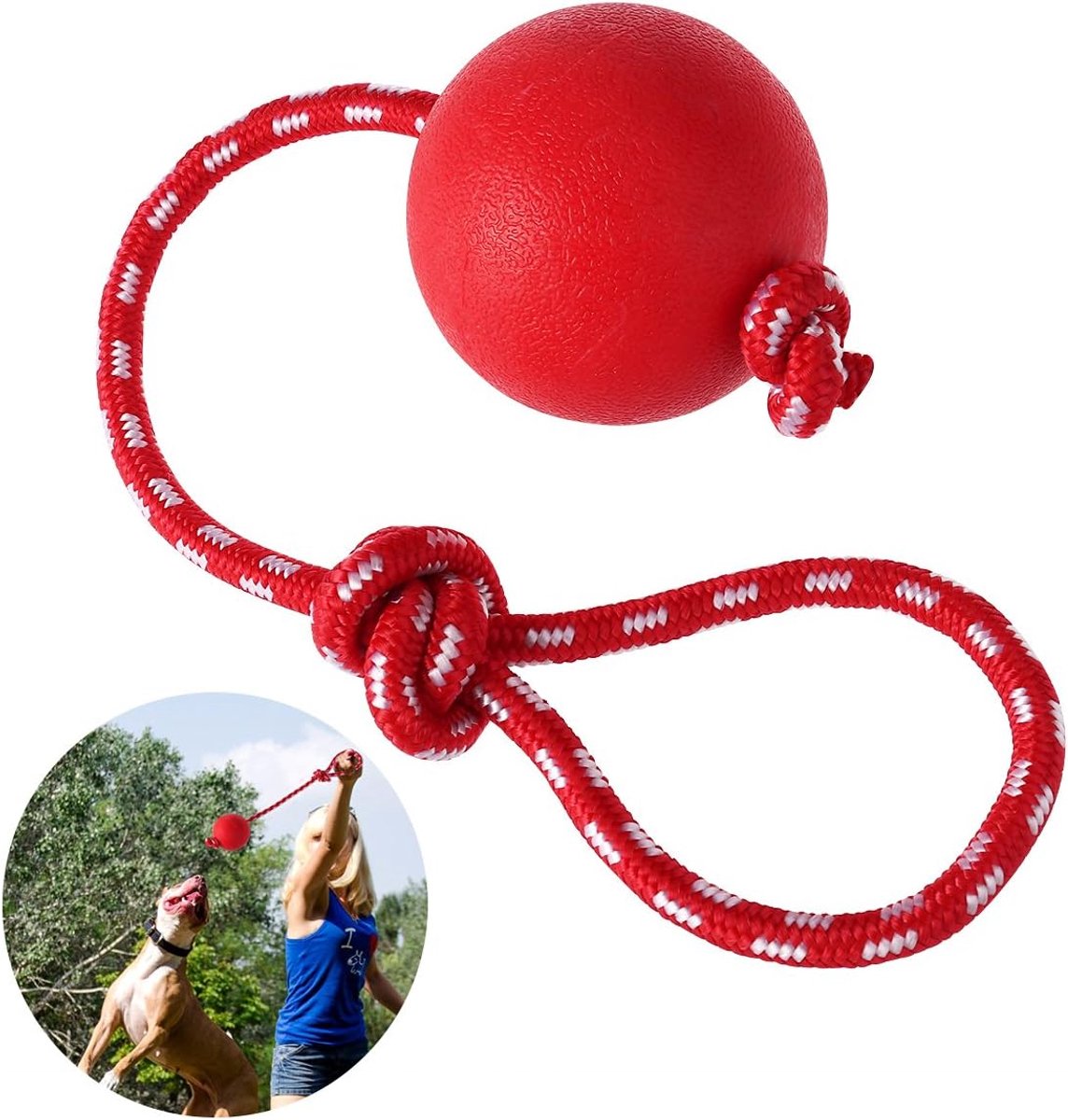 Hondenspeelbal met Touw - 7 cm Diameter - Rubberen Ball Toy - Geschikt voor Puppy's - Apporteren en Vangen - Trainingsaccessoire - Rood - Duurzaam en Stevig - Knaag- en Trekspel