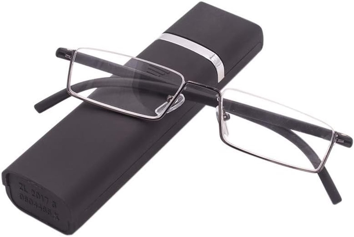 Leesbril met ultralicht TR90-montuur, leeshulp, halve bril van metalen frame met half frame, zichthulp met brillenkoker voor dames en heren