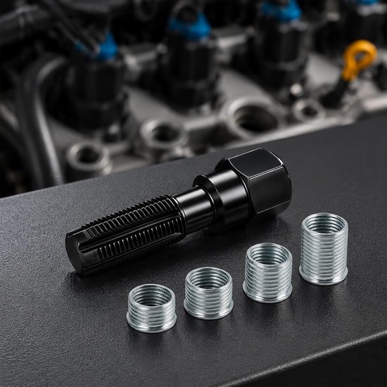 5 stuks reparatieset, bougieschroefdraad, rethreading, van chroom-vanadium-staal, schroefdraad M14 x 1,25, met 4 inzetstukken, voor het herschroeven van cilinderkoppen en auto-onderhoud — afbeelding 3