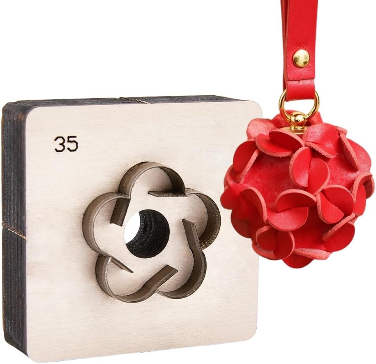 Leer Snijmal Metaal Ijzer Snijder 35mm Bloemen Bal Vormen Floraal Template Vormen Die Ponsen Stempelgereedschap met Glad Houten Basis voor DIY Ambachten Leerwerk
