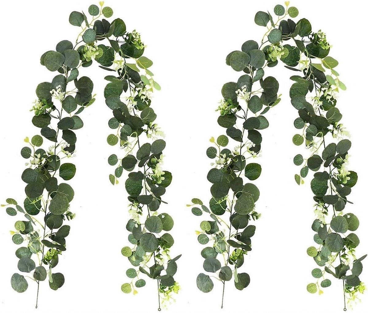 Kunstmatige eucalyptusslinger, 2 stuks, 180 cm, kunststof slinger, hangende groene bladeren, decoratie met witte bloemen en eucalyptusranken, voor bruiloft, feest, muur, tuin
