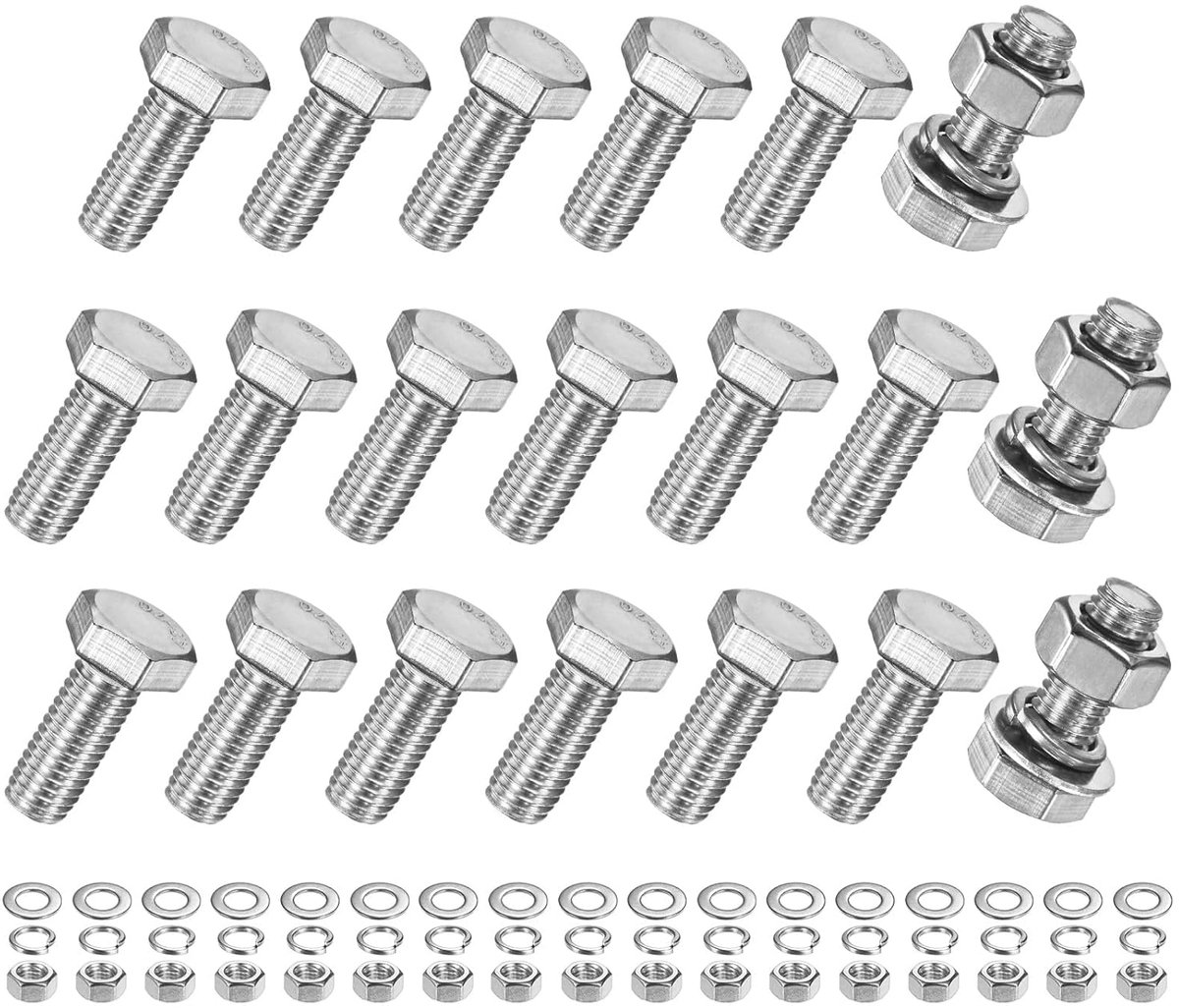 20 stuks zeskantschroeven met moeren met platte sluitringen en vergrendeling M10 x 25 mm kit schroeven en moeren van roestvrij staal, volledige schroefdraad, metrisch assortiment